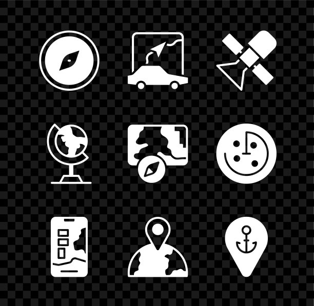 设置指南针，城市地图导航，卫星，定位地球仪，与锚，地球和图标。向量图片下载