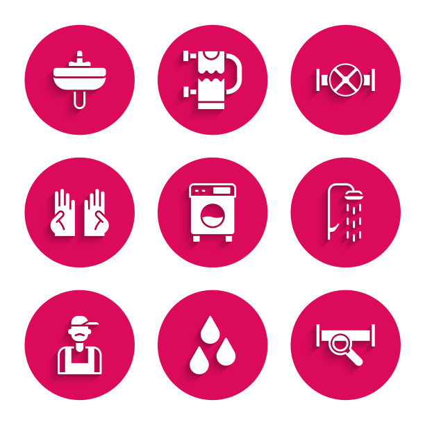 设置垫圈、水滴、工业金属管道、淋浴器、水管工、橡胶手套、阀门和脸盆图标。向量图片下载