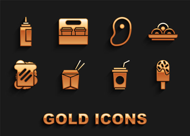 设置亚洲面条和筷子，在碗，冰淇淋，纸玻璃吸管，三明治，牛排肉，酱瓶和咖啡杯的图标。向量图片下载