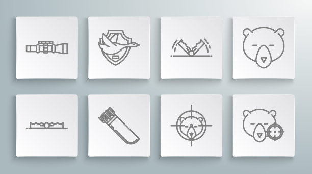 设置线陷阱狩猎，盾牌上的飞鸭，箭袋，狩猎熊十字准星，熊的头和狙击手视觉图标。向量图片下载