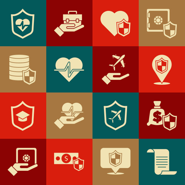 设置文件与盾，金钱，位置，人寿保险和飞机手图标。向量图片下载