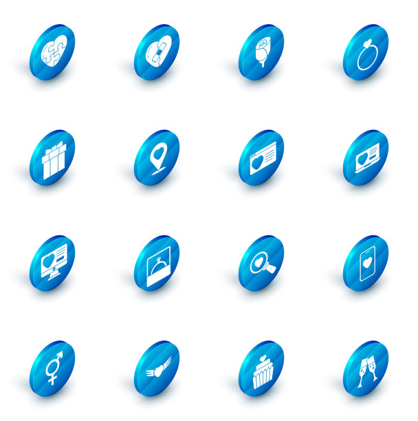 设置愈合破碎的心，花玫瑰，结婚戒指，礼盒，在线约会应用程序，位置与，和图标。向量图片下载