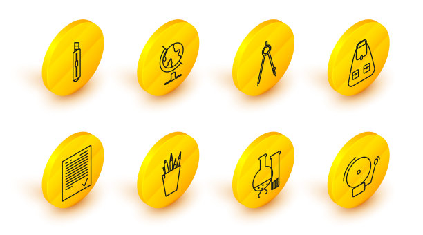 设置行:响闹钟，铅笔盒文具，考试表与检查标记，学校背包，绘制指南针，地球仪和文具刀图标。向量图片下载