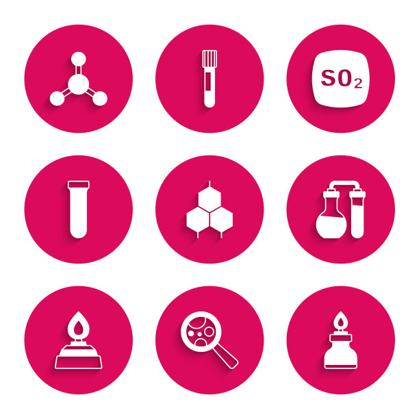设置“化学配方”、“放大镜下的微生物”、“酒精燃烧器”、“试管”、“二氧化硫SO2”和“分子图标”。向量图片下载