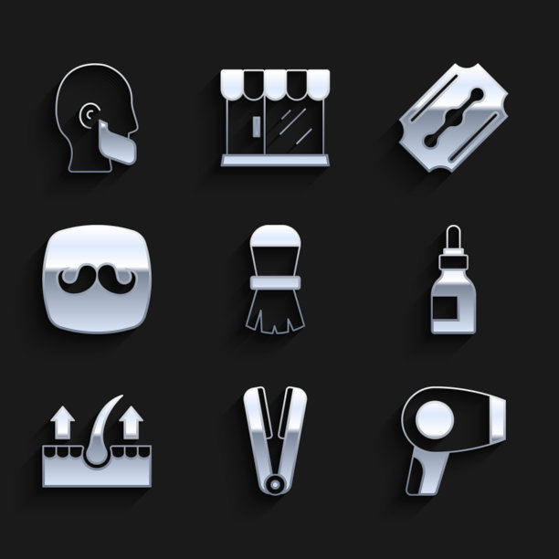 设置剃须刷，卷发器，吹风机，油瓶，人体毛囊，理发店，刀片剃须刀和胡子图标。向量图片下载