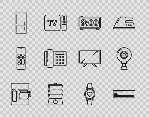 设置线咖啡机与玻璃壶，空调，数字闹钟，双锅炉，冰箱，电话，智能手表显示心率和网络相机图标。向量图片下载