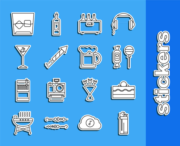 设置线打火机，蛋糕，棒棒糖，瓶葡萄酒在木盒，烟花火箭，马提尼玻璃，玻璃威士忌和冰块和木制啤酒马克杯图标。向量图片下载
