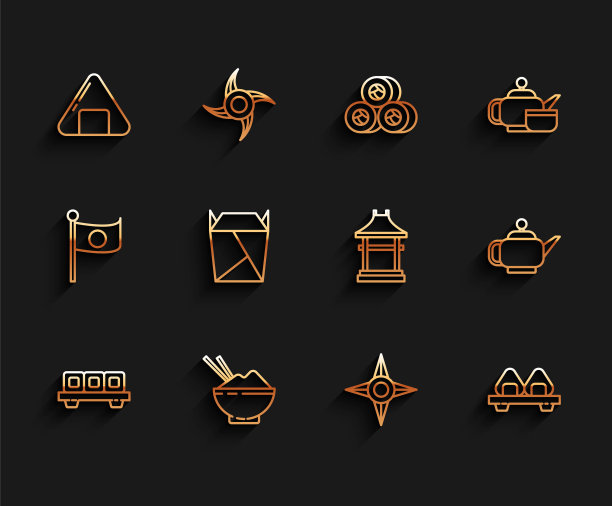 设置寿司线砧板，米饭碗用筷子，日本忍者飞镖，餐厅开了，外卖盒装满，茶道和门图标。向量图片下载