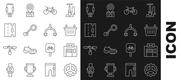 设置线自行车链轮曲柄，维修服务，篮子，后视镜，车道，移动支架和制动卡钳图标。向量图片下载