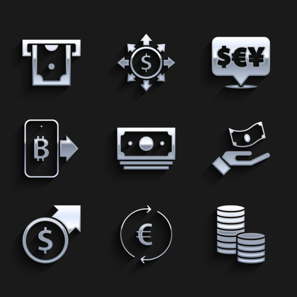 设置堆栈纸币现金，硬币与欧元符号，美元，手握，金融增长，挖掘比特币从移动，货币交换和ATM图标。向量图片下载