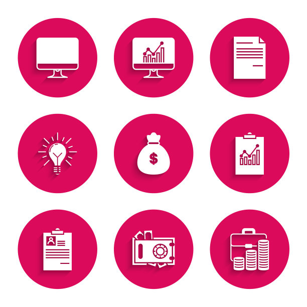 设置钱袋，保险箱和钱，公文包硬币，剪贴板与图表，简历，灯泡射线发光的概念的想法，文件和电脑显示器屏幕图标。向量图片下载