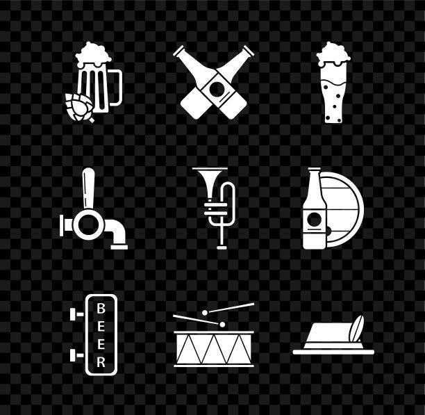 设置啤酒节和啤酒花的杯子，交叉的瓶子，刻有啤酒节字样的街道指示牌，乐器鼓槌，啤酒节帽子，水龙头和喇叭图标。向量图片下载