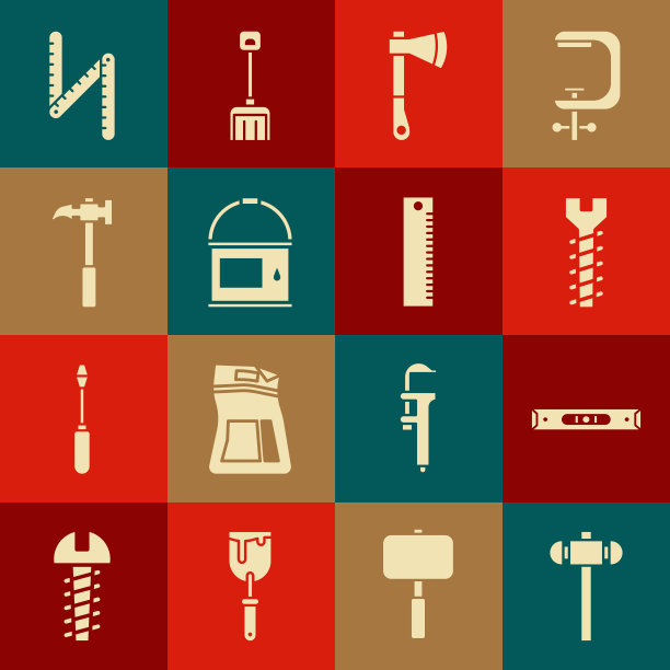 设置大锤，施工气泡水平，金属螺丝，木斧，油漆桶，爪，折叠尺和统治者图标。向量图片下载