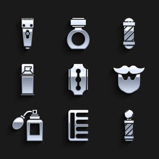设置刀片剃须刀，发刷，经典理发店杆，胡子和胡须，须后水瓶雾化器，剃须凝胶泡沫，和电动剃须刀剃须刀图标。向量图片下载