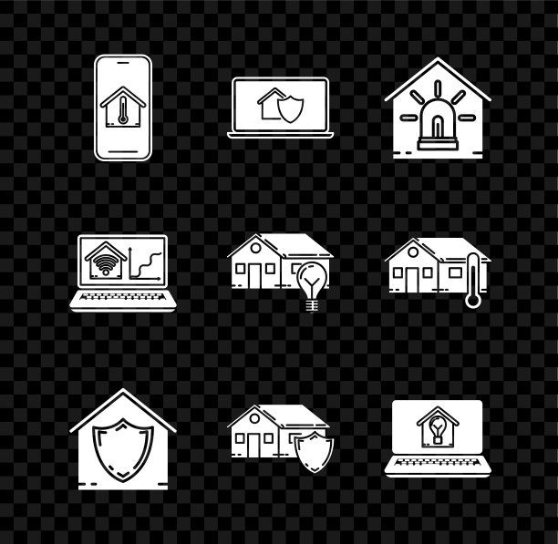 设置手机与房子的温度，笔记本电脑保护，智能和报警，房子，智能灯泡，家庭wi-fi和图标。向量图片下载