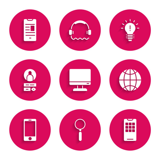 设置电脑显示器屏幕，放大镜，手机，社交网络，创建帐户，有概念的灯泡和在线图书移动图标。向量图片下载