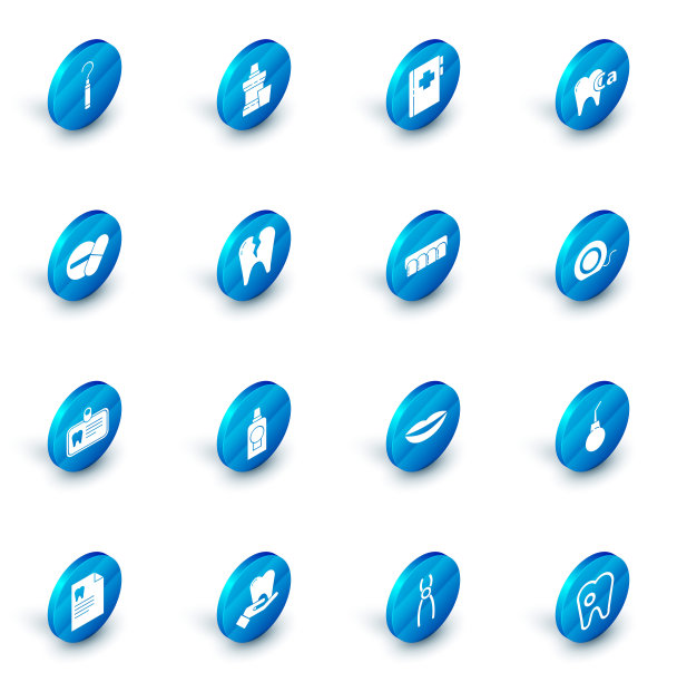 设置漱口水塑料瓶，剪贴板与牙科卡，钙牙齿，药物药片，Id，破碎，牙线和假牙模型图标。向量图片下载