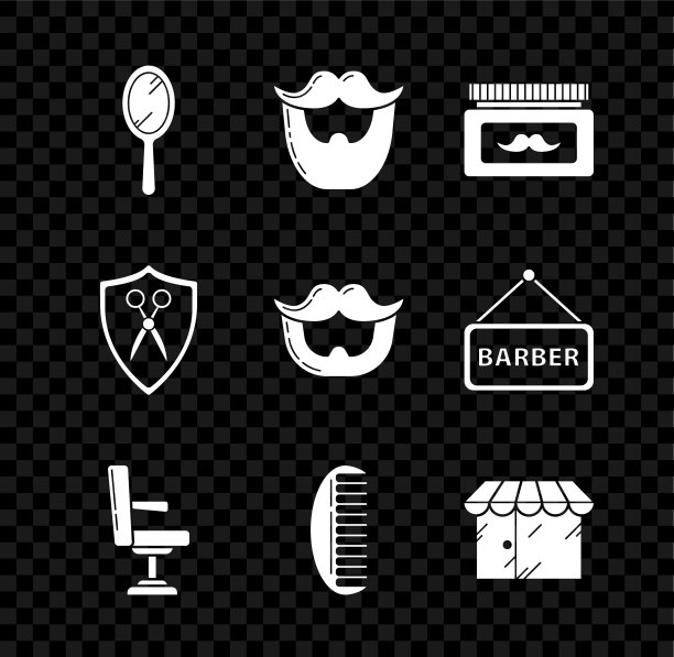 设置手镜，胡子胡子，霜乳液化妆品罐，理发店椅子，发刷，建筑，剪刀理发师盾牌和图标。向量图片下载