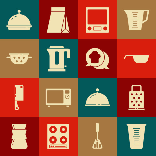 设置量杯，磨砂器，煎锅，电子秤，电水壶，厨房滤锅，覆盖食物托盘和厨师帽讲话气泡图标。向量图片下载