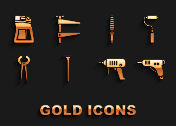 金属钉、漆辊刷、电热胶枪、钻孔机、钳子和钳子、木材凿子工具、水泥袋和钳形图标。向量图片下载