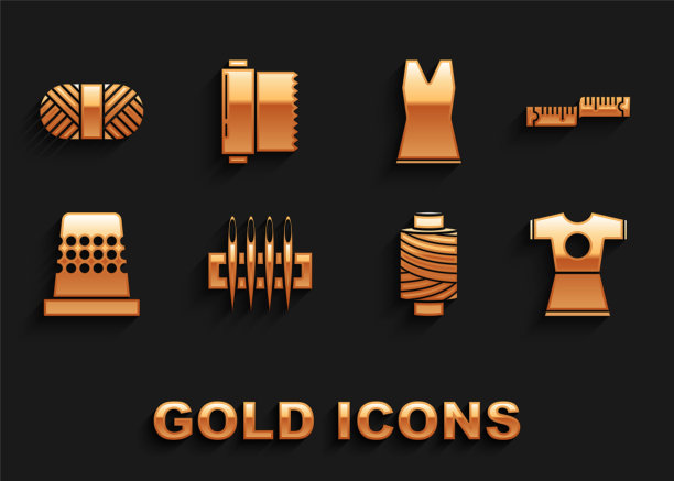 设置缝纫针，卷尺，女装，线轴上的缝纫线，顶针，和纺织织物滚动图标。向量图片下载