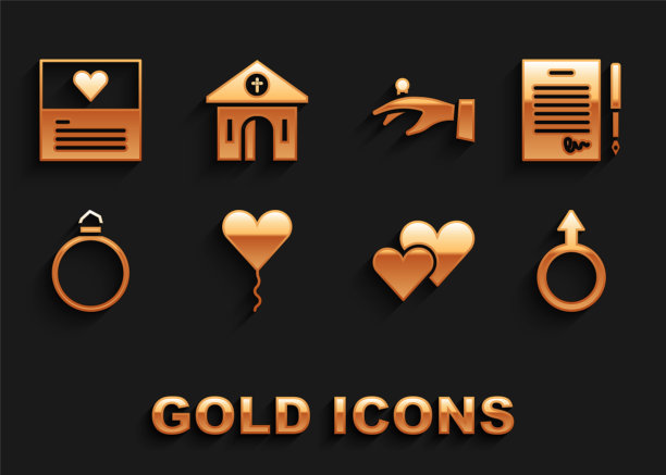 心形气球，婚姻合同，男性性别象征，心，钻石订婚戒指，结婚戒指手，贺卡和教堂建筑图标。向量图片下载