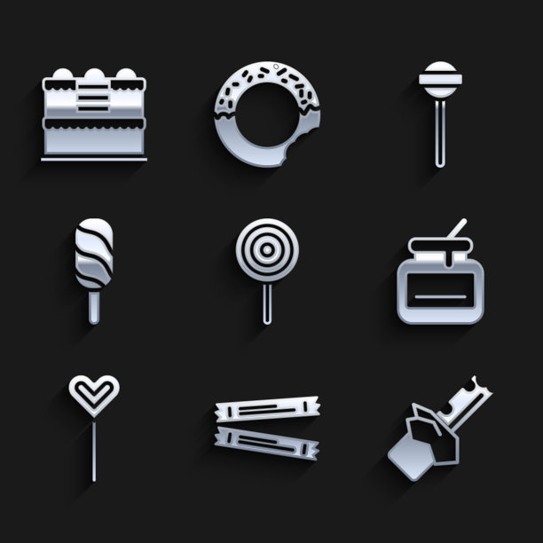 设置棒棒糖，糖棒包，咬巧克力棒，蜂蜜罐，冰淇淋和蛋糕图标。向量图片下载