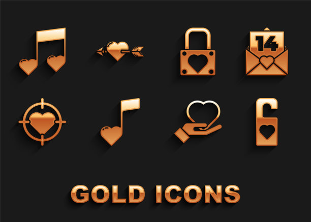 设置音乐音符，心形调，信封情人节，请做打扰，心手，镖的中心目标瞄准，锁定，和爱的箭头图标。向量图片下载