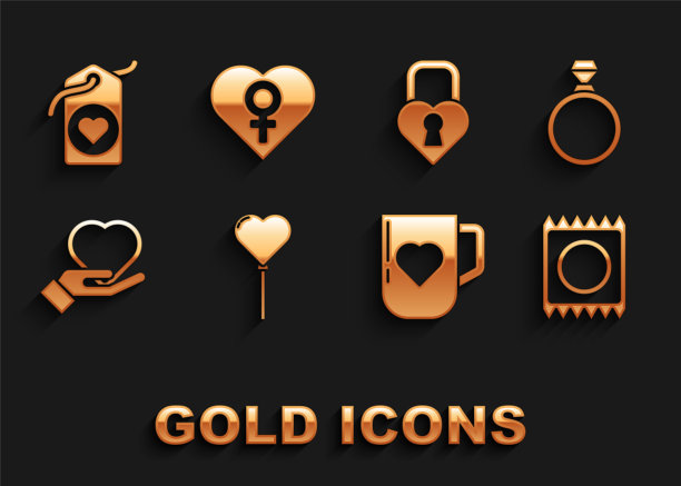 集气球形式的心，钻石订婚戒指，避孕套包装，咖啡杯和，心手，城堡形状，标签和女性的性别图标。向量图片下载