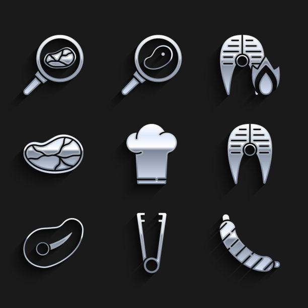 设置厨师帽，肉钳，香肠，鱼牛排，牛排肉，烤鱼和火火焰和煎锅图标。向量图片下载