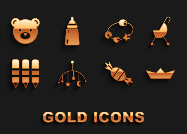 设置婴儿床挂玩具，婴儿车，折叠纸船，糖果，蜡笔画，摇铃婴儿，泰迪熊毛绒和瓶子图标。向量图片下载