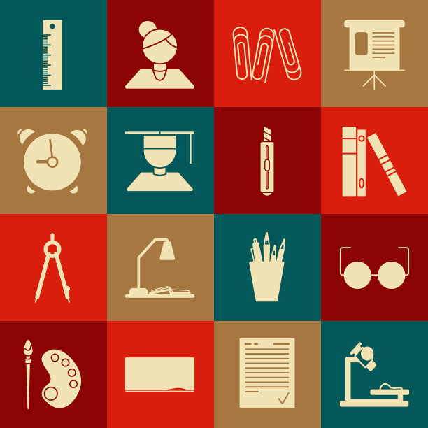 设置显微镜，眼镜，办公室文件夹与纸和文件，回形针，毕业生毕业帽，闹钟，尺子和文具刀图标。向量图片下载