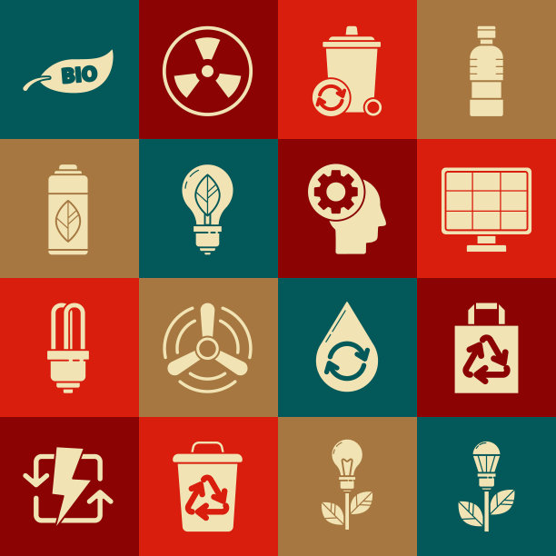 设置灯泡与树叶，纸购物袋回收，太阳能电池板，回收站符号，回收塑料瓶，树叶生物和人的头部齿轮图标内。向量图片下载