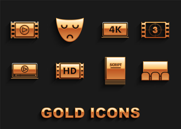 设置4k电影，磁带，帧，播放视频，，场景，在线播放视频，笔记本屏幕与技术，戏剧戏剧面具图标。向量图片下载