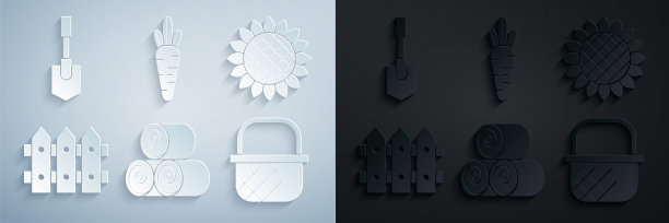 设置卷干草，向日葵，花园栅栏木，购物篮，胡萝卜和铲子的图标。向量图片下载