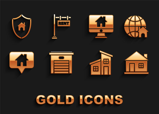 设置车库，地球仪与房子符号，房子，地图指针，电脑显示器智能家居，盾牌和悬挂标志文本出租图标。向量图片下载