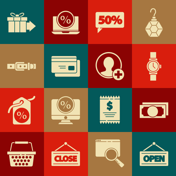 设置悬挂标志与开放，叠纸钱现金，腕表，50%折扣标签，信用卡，皮带，礼盒和创建帐户屏幕图标。向量图片下载