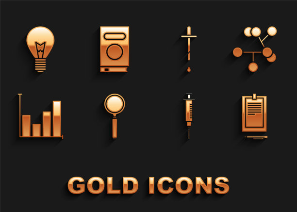 设置放大镜，分子，剪贴板与文件，注射器，饼图信息图，移液管，灯泡概念的想法和书的图标。向量图片下载