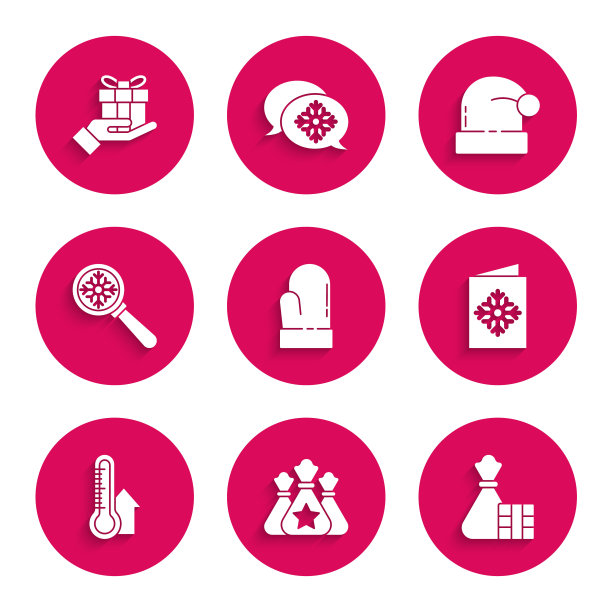 集圣诞手套，圣诞老人包礼物，礼盒和，明信片，气象温度计测量，雪花放大镜，帽子和手的图标。向量图片下载