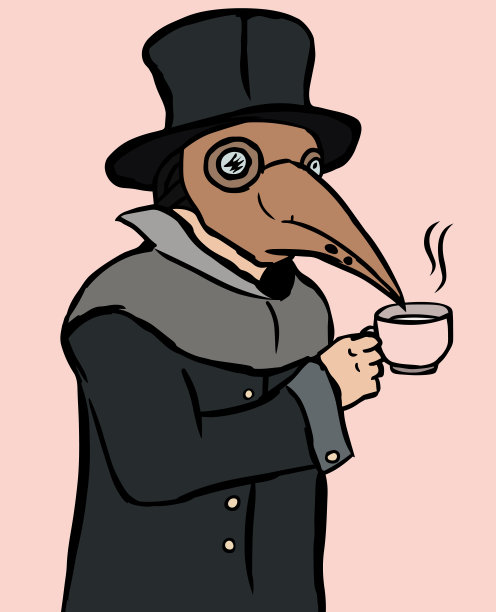 鼠疫医生戴着口罩和帽子，端着一杯茶(或咖啡)。图片下载