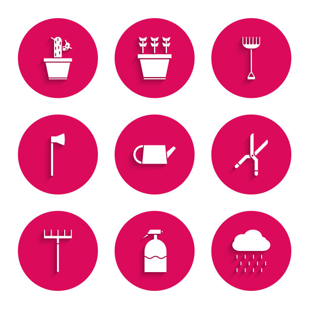 设置喷壶，花园喷雾器，云与雨，园艺手工剪刀，耙子，木斧，和仙人掌多汁花盆图标。向量图片下载