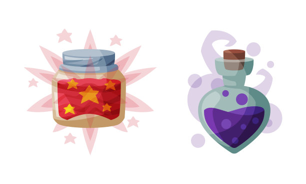 魔法药水玻璃瓶，巫术道具卡通矢量素材图片下载