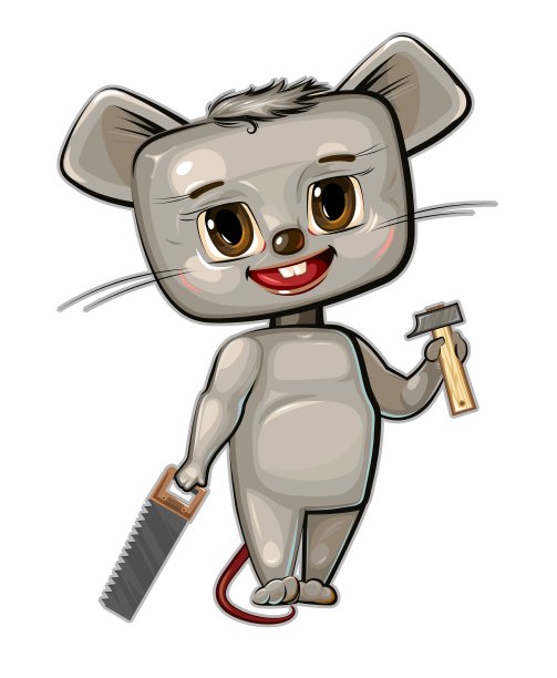 可爱的卡通老鼠用锯子和锤子做木工。平的风格。帮助爸爸。图片为儿童。有趣的小动物。孤立的白色背景。向量图片下载