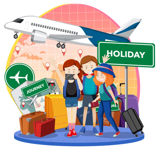 旅游团的卡通人物与飞机图片下载