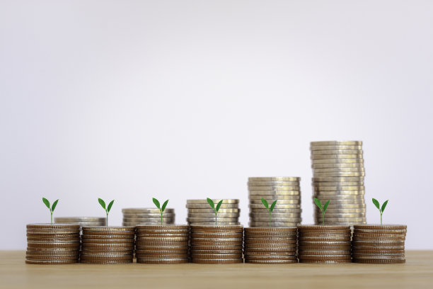 货币的堆积与图形的增长，概念的商业金融背景。储蓄和帐户，银行业务，投资，基金，债券，股息，利息，植物生长在顶部。图片下载