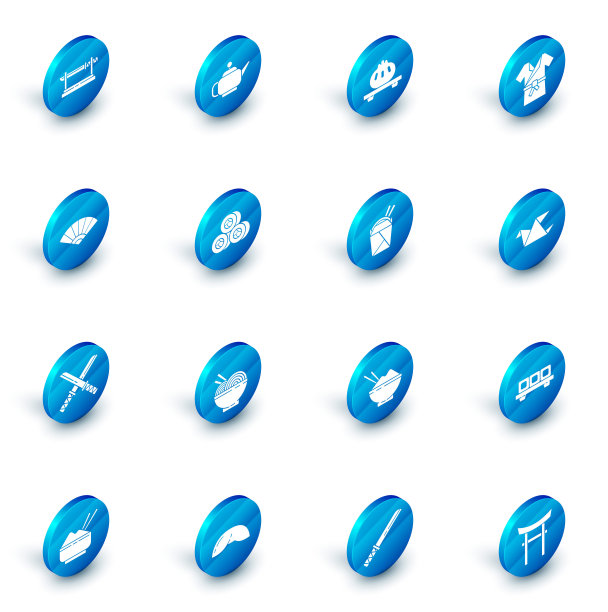 集日本茶道、服装和服、纸制中国或日本折扇、传统武士刀、寿司、折纸鸟、亚洲面条纸盒和筷子图标于一组。向量图片下载