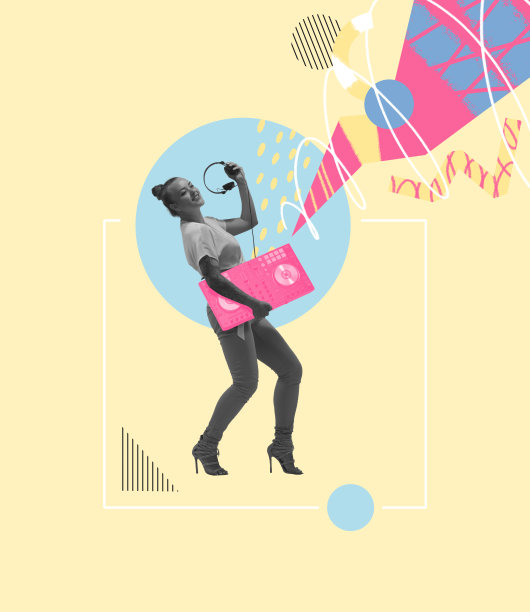 年轻的音乐家，dj在浅黄色的背景上播放现代音乐。为广告复制空间。概念上的当代艺术拼贴。时尚杂志风格，时尚。图片下载