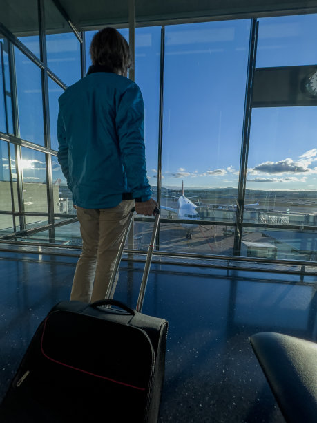 一个男人在机场门口拖着行李图片下载