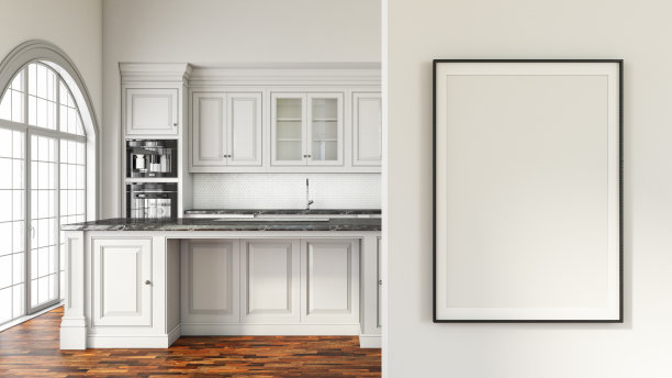 现代厨房墙上的空相框图片下载
