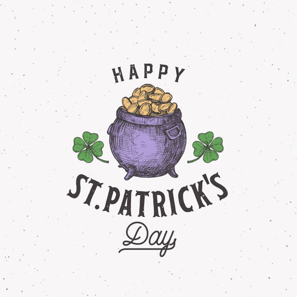 复古风格圣帕特里克日标签模板。用金币和三叶草叶子与复古字体草图符号绘制的矮妖精壶。破旧的纹理背景。图片下载